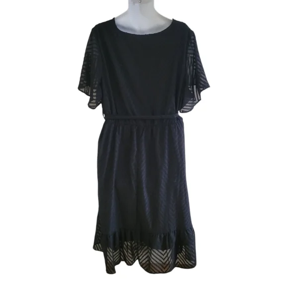 BloomChic Black Geometric Pocket Ruffle Sleeve Belted Midi Dress - Women's Plus - Picture 9 of 13